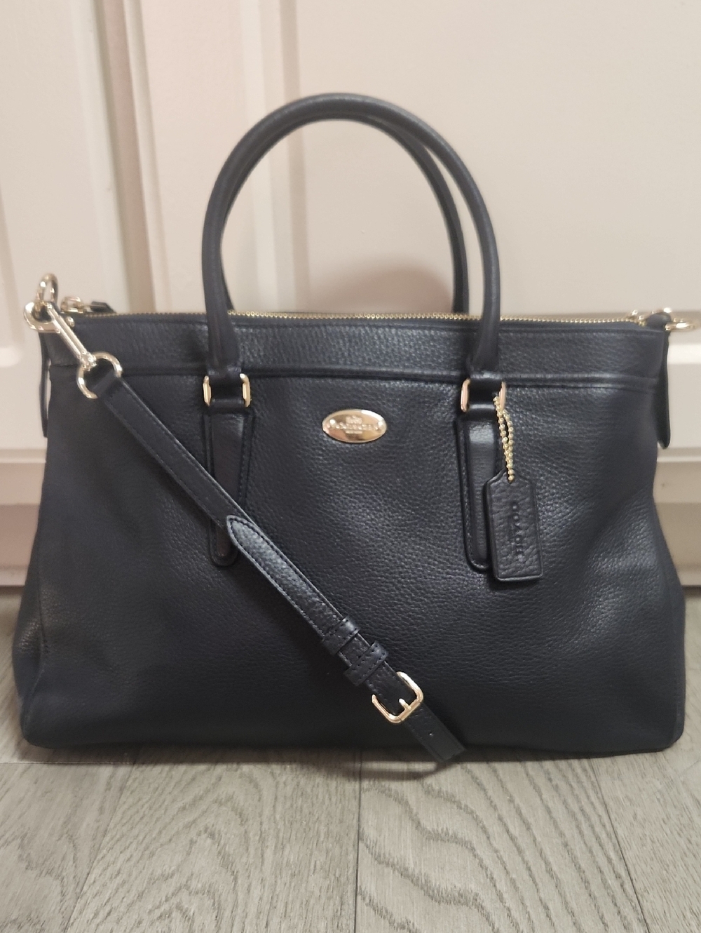 Coach Navy Pebbled Leather Satchel with Gold Hardware